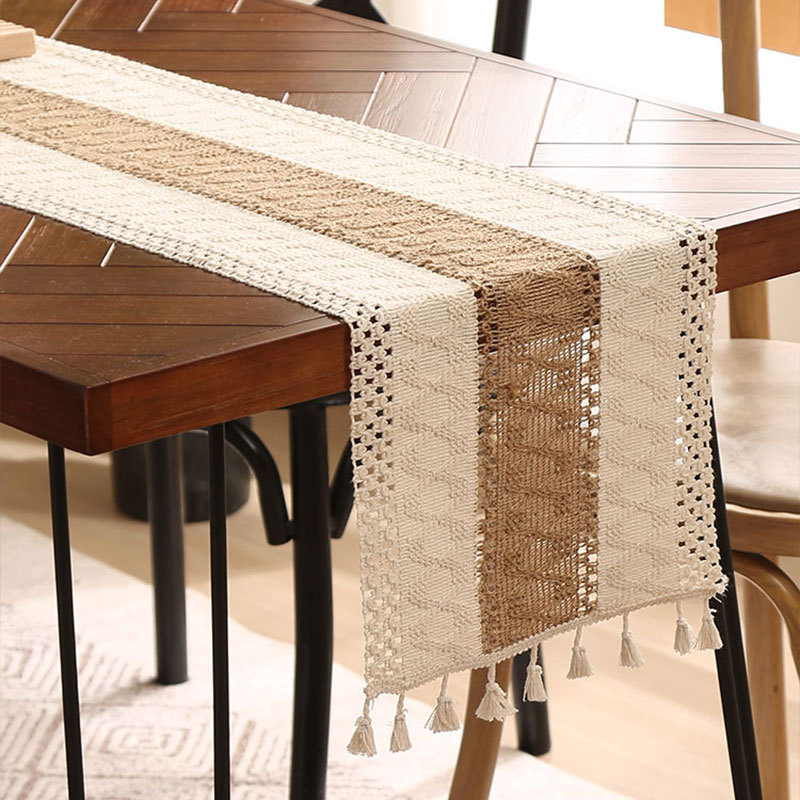 Cotton and linen table runner stitching woven tassel table mat festive decoration knitted hollow cover cloth MTWF01-image-1081459925