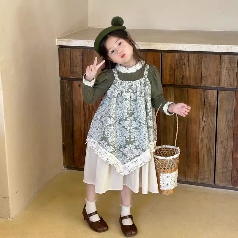 D517 Girls Spring and Autumn Dress 2025 New Children&#039;s Fashionable Baby Tassel Pattern Splicing Suit Dress-image-1081514085