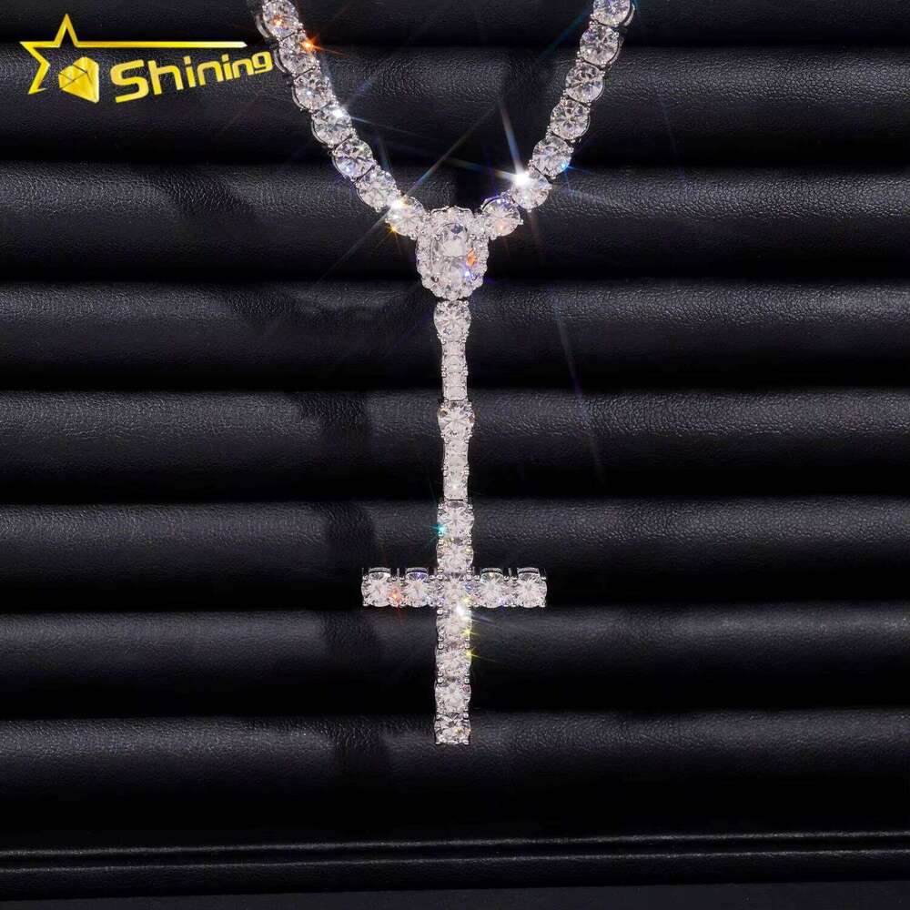 New Arrival Hot Sell Iced Out 5MM Width Sterling Sier VVS Moissanite Rosary Cross Tennis Chain Necklace