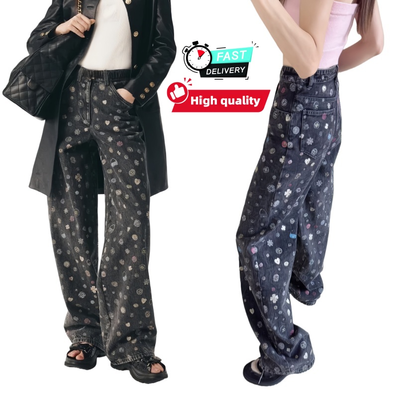 Femmes Jeans Designer Style Mid Rise All-Over Print Pantalon en denim confortable Mode Imprimé Logo coloré Jeans noirs Street Daily Automne et hi