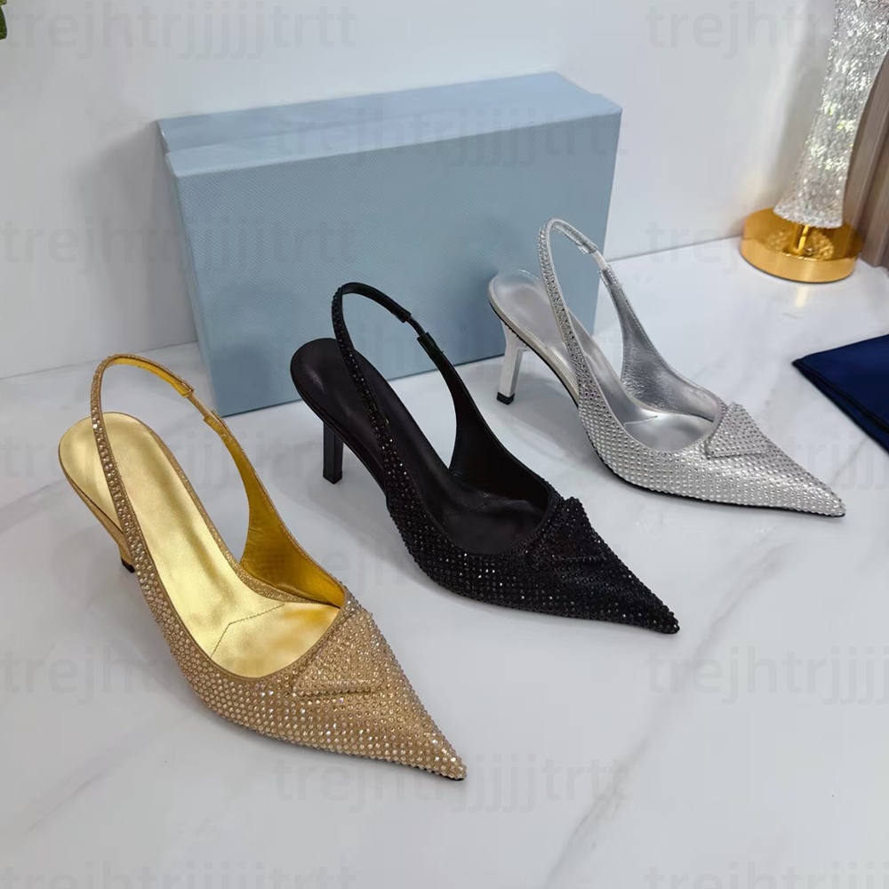Luxury women stiletto heel Slingback sandals dress shoes rhinestone decoration fashion Pointed toe Evening shoes Inverted Triangle designer Sanda-image-883141258