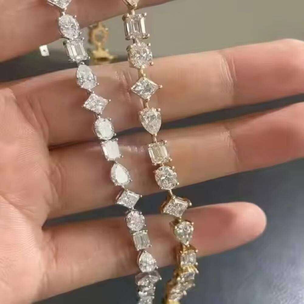 Solid Yellow Gold Emerald Pear Oval Cut Moissanite Dia Bracelet Real Natural Custom Jewelry For Women
