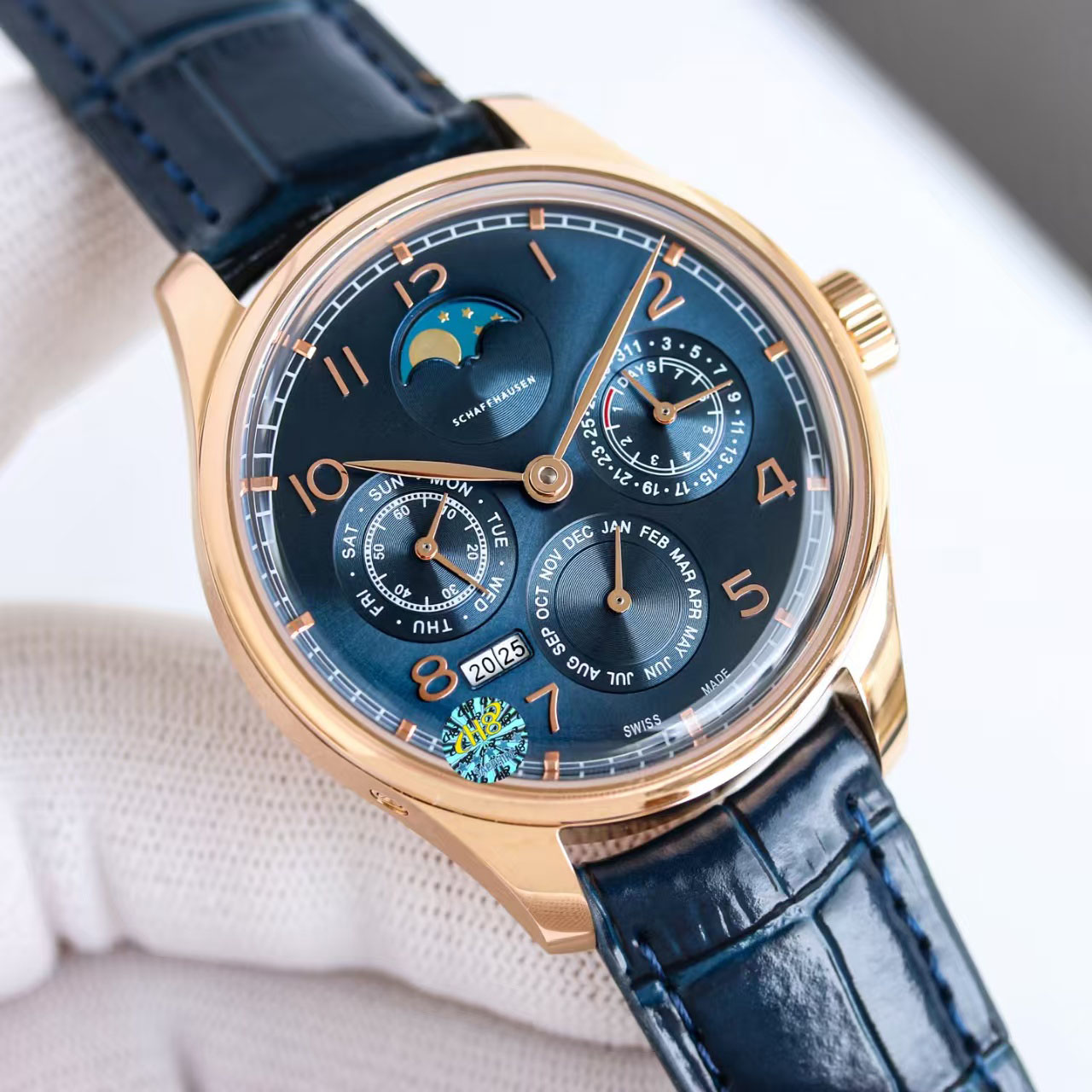 503312 Perpetual Calendar 44 Mens Watch Rose Gold Automatic Blue Luxury Wristwatch Moon Phase Sapphire Crystal
