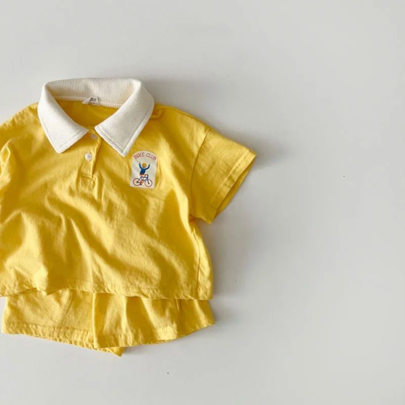 K596 Summer Boy Fashion Polo Sports Clothing Set Kid Simple Turn-down Collar T-shirt With Solid Loose Thin Cotton Shorts 2pc Suit-image-1081661836