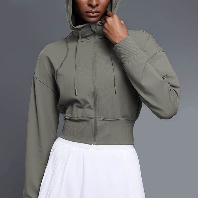 Y449 Yoga Activewear Veste Femme à Capuche Séchage Rapide Coupe Courte Taille Cintrée Décontractée
