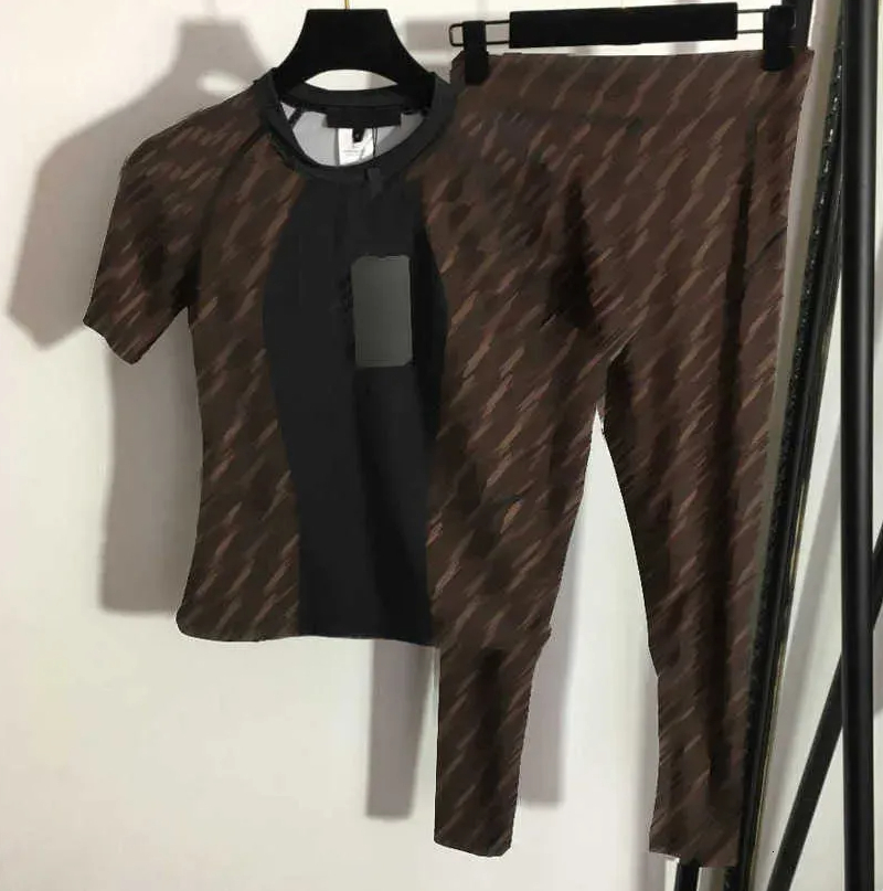 Tracksuits Designer Brand Women F Letter Print Tight Short Sleeve Tshirt Slim Leggings Set High Quality Womens Clothes