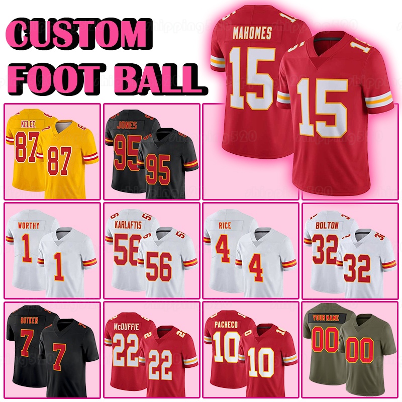 15 Patrick Mahomes Football Jerseys 87 Travis Kelce 1 Xavier Worthy Isiah Pacheco Chris Jones George Karlaftis Trent McDuffie