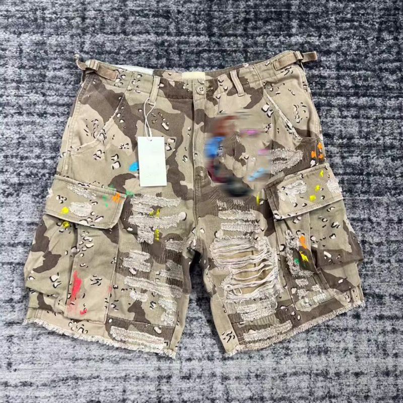 Designer Mens Camouflage Patchwork Leather Letter High Street Vintage Hip Hop Worn Work Denim Shorts Men