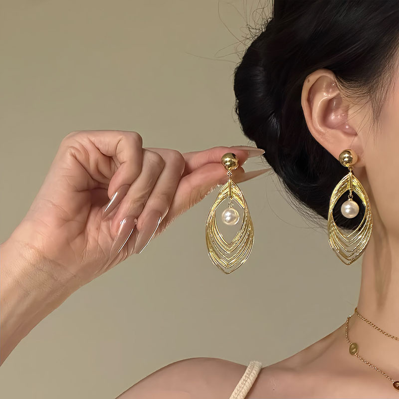 Sier Needle Multi-layer Hollow Water Drop Pendant Personality Niche Trendy Design Sense Earrings for Women-image-1081706118