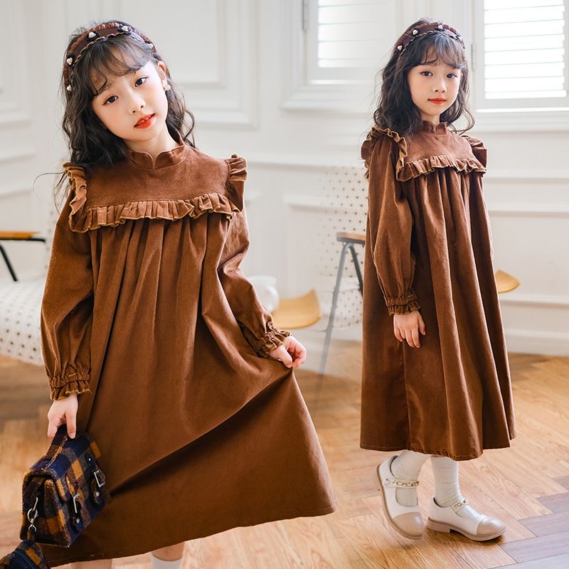D521 Girls dress 2023 autumn and winter new long-sleeved ruffled velvet skirt for middle and large children&#039;s forest girl princess skirt-image-1081688010