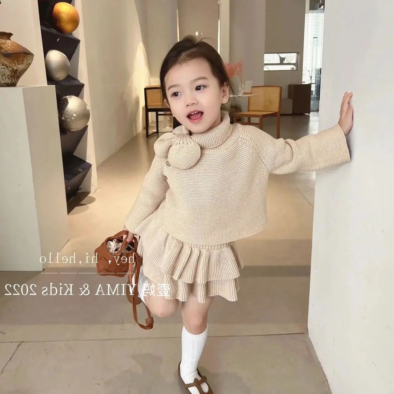 w591 Clothing Sets Kids Clothes Girls Pullover Bowknot Top Retro knitting Elegant Pleated Skirt Two Piece Set Sweater Fashion Spring Autumn-image-1081743362
