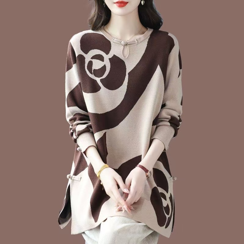 Robe de banquet imprimée à manches longues, grande taille, taille haute, jupe mi-longue pour femmes, nouvelle collection, D02763
