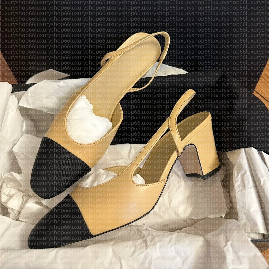 Women Heel With Box ballet flat leather Thick Slingbacks high heels Beige black patchwork back strap Sexy Bar Party Women Chunky Sandals
