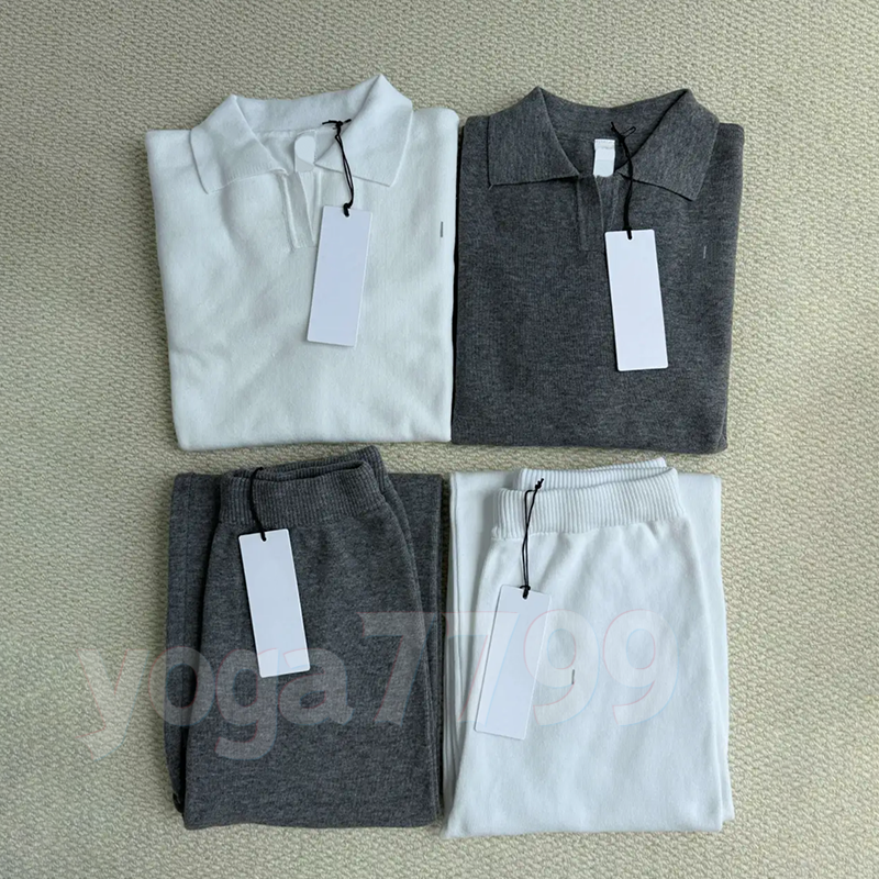 Ensembles de yoga tricotés pour femmes Pull costumes Sweats deux pièces Automne Col polo Pull tricoté Pantalon large Pantalon de jogging Costume