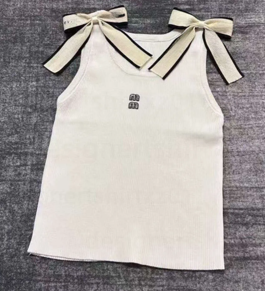Miu Top Designer Womens Cropped Tee Shirts Sleeveless Bow Shoulder High Waist Sexy Slim Tank Tops MM T Shirt Elegant Casual Clothes Embroidery Tops