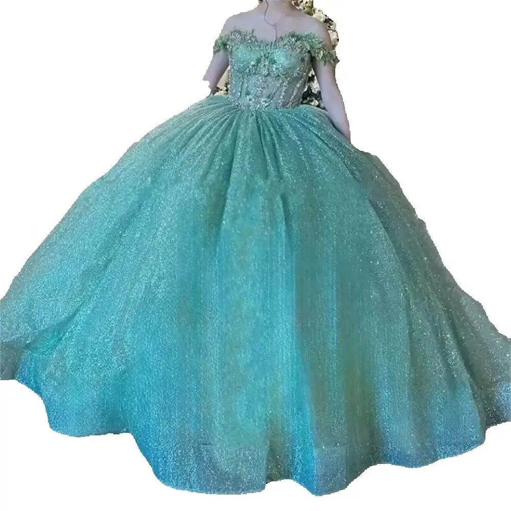 Ball Gown Quinceanera Dresses Green Glittering Princess XV Off Shoulder 3D Lace Plus Size Customized Sweet 15 16 Birthday Party Gowns Vestidos De 15