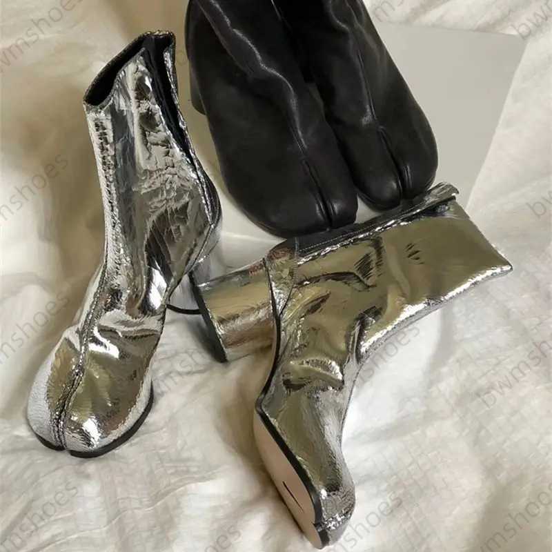 Spring Autumn Soft Leather Tabi Boots Fashion Round Chunky High Heel Ankle Boots Ins Style Short Booties Female Split Toe Shoes XJ250602