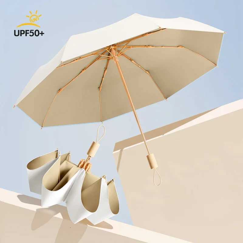 Wooden Umbrella 8 Ribs Solid Color Automatic Folding Rain Sun Protection UV Advanced Sensing Female Parasol Shade Accessory C251027 M260303-image-1096023614