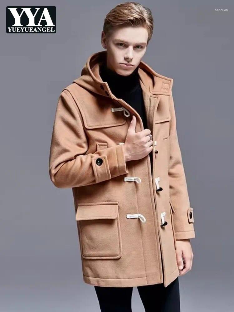 Men's Wool Mens Woolen Coat Britain Preppy Style Horn Button Casual Medium Long Hooded Jacket Loose Fit Solid Color Winter Overcoat 5XL 6XL 34