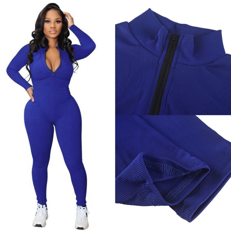 Womens Jumpsuits Knit Rib Bodysuit Fitness Playsuit Sportswear Long Sleeve Zipper Body Rompers-image-759903290