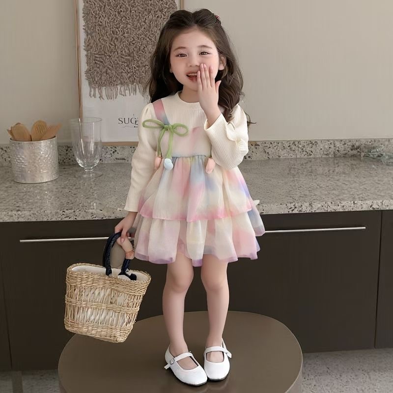 D531 Girls princess spring and autumn 2025 new style dress cute little girl skirt foreign fake two-piece fairy dress-image-1081766513