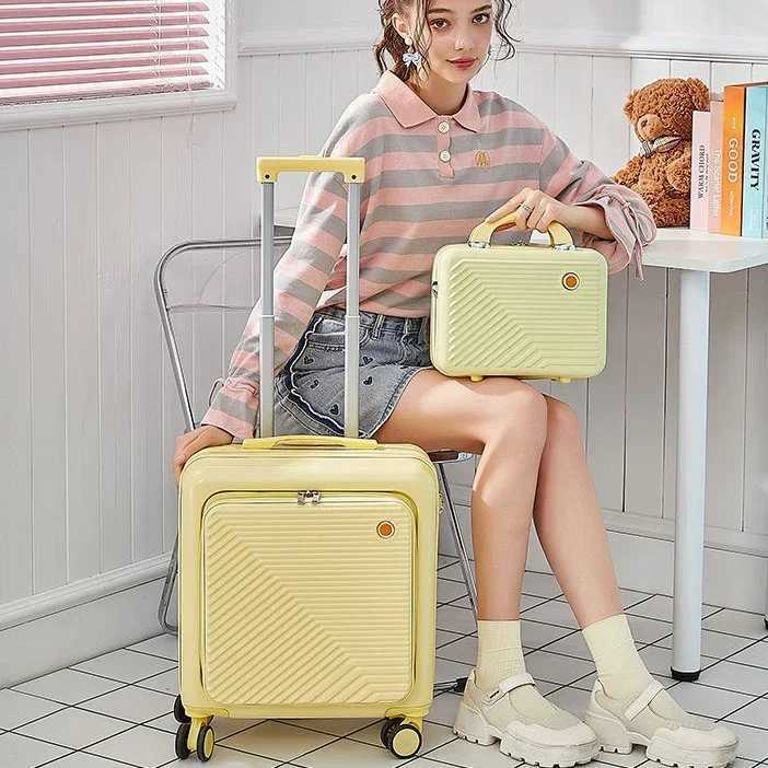 2025 New Front Opening Boarding Suitcasecabin Female Small Bag18inch Travel Rolling Luggage Setcarry on Suitcase with Wheel W251028-image-1082096435