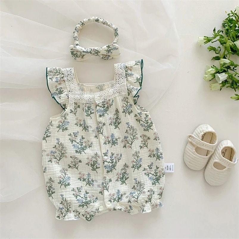w602 MILANCEL Summer Baby Girls Rompers One-Pieced Toddler Sweet Green Floral Jumpsuit with Hairband Infant Outwear Outfits-image-1082076543