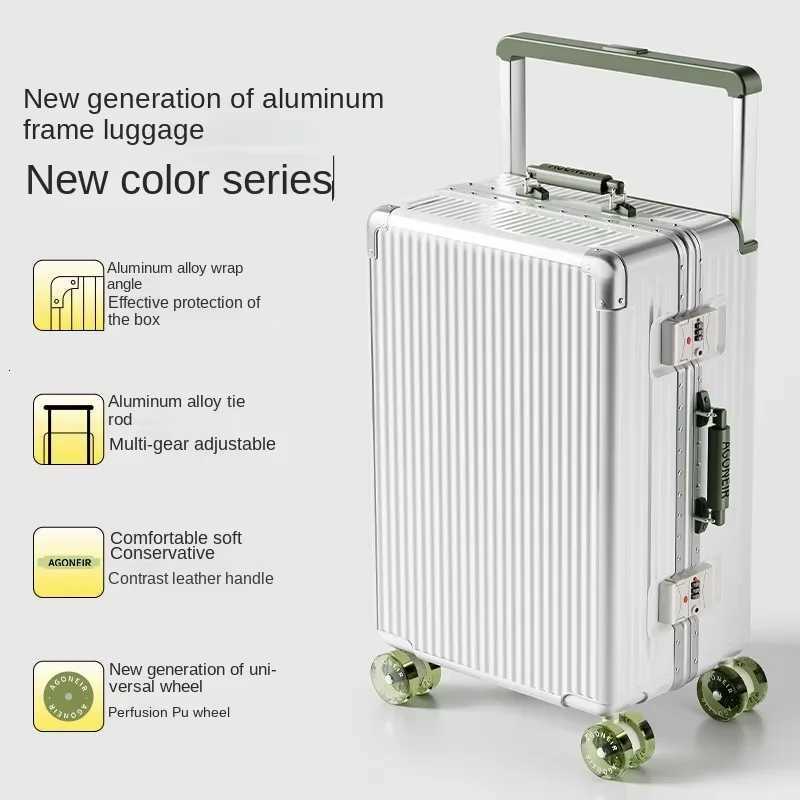 KOKU Aluminium Frame Suitcase Wide Tie Rods Boarding Box Cabin Bag 202426 inch Suitcase on wheels Password Box Trolley Case W251028-image-1082096579