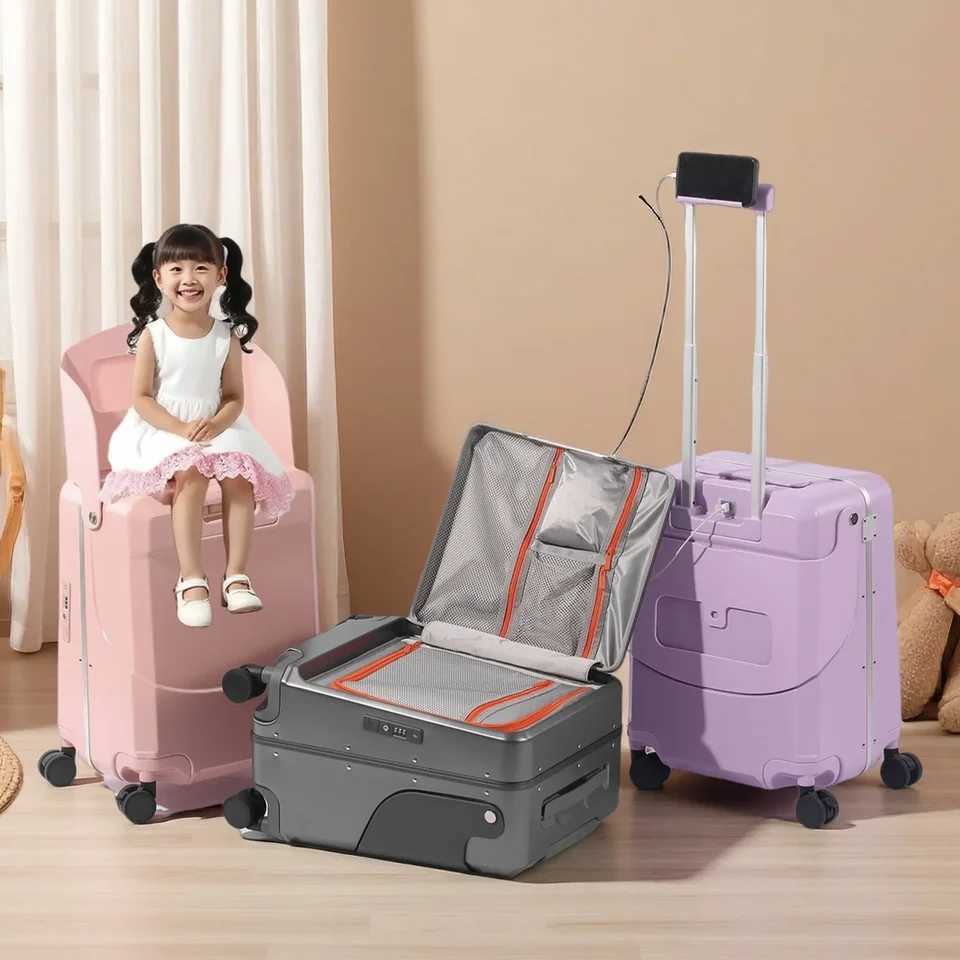 Multifunctional Aluminum Alloy Frame Childrens Suitcase Side Opening Seatable Luggage USB Charging Port Brake Wheel Travel Case W251028-image-1082096997