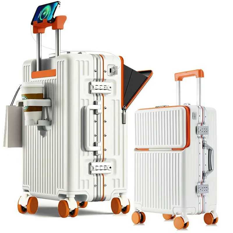 Aluminium Frame Suitcase Front Opening Cabin Luggage with USB Cup Holder Female Trolley Case Male Brake Wheel Travel Suitcase W251028-image-1082097783