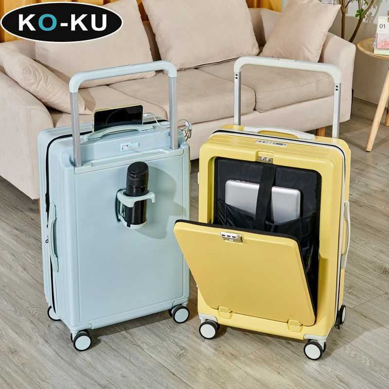 KOKU Multifunctional Suitcase Popup Front Opening Wide Trolley Case 20Inch Boarding Box with USB Port Water Cup Holder Luggage W251028-image-1082097083