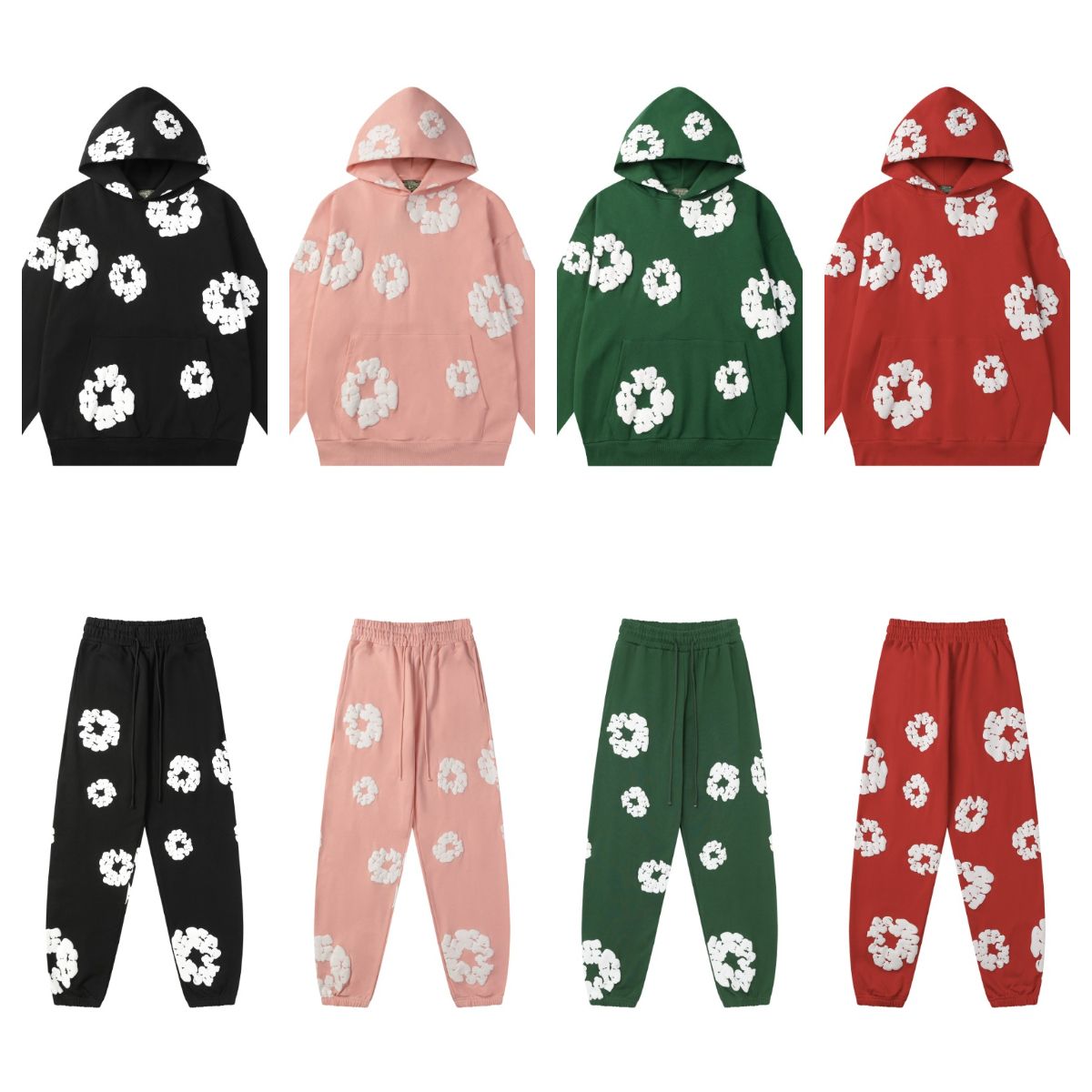 Denimhoodie Tears Designer Hoody Pants Hip Hop Vintage Style Sweatshirt Wreath Kapok Flower Graffiti Foam Graphic Hoody High Street Hip Hop Denimtea