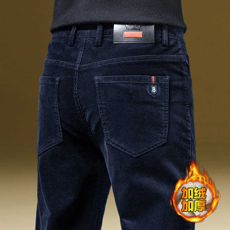 Spring and Autumn Style Corduroy Casual Pants for Men, Thickened with Fleece, High-End Satin-like Elastic Stretch Fit Straight-Tee Long Pants S25102
