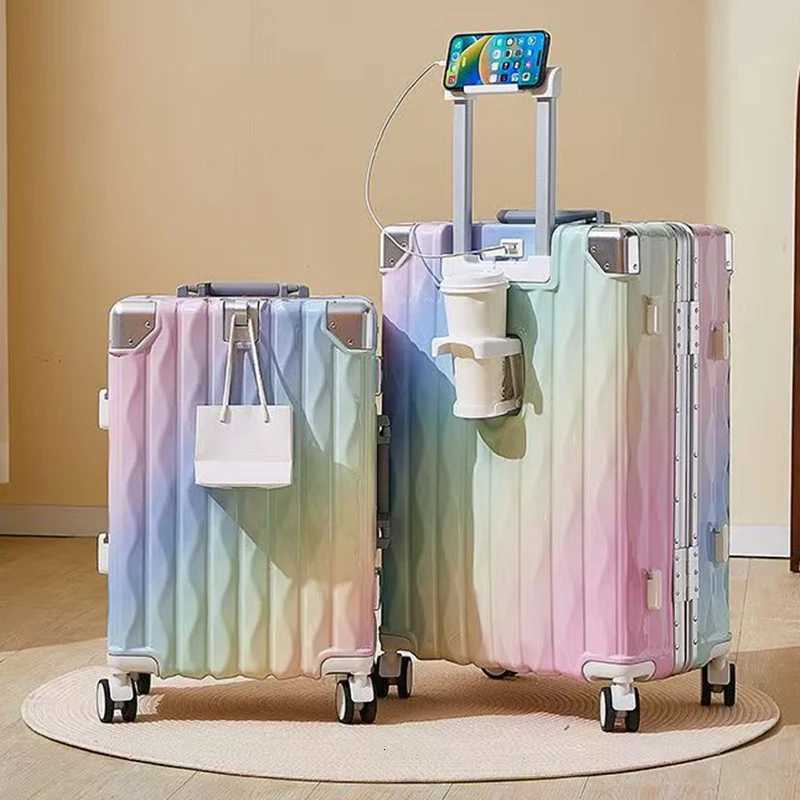 Rainbow Gradient Luggage Female 20 inch New Large Capacity Suitcase 2426 inch Aluminum Frame Boarding Box Password Trolley Case W251028-image-1082096751