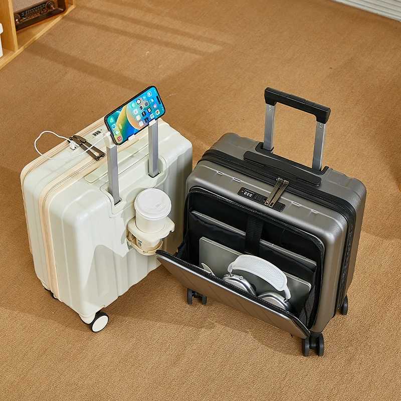 18Inch Fliptop CarryOn Suitcase SmallSized Luggage With Cup Holder And Phone Stand With Swivel Wheels Lightweight For Both W251028-image-1082096904