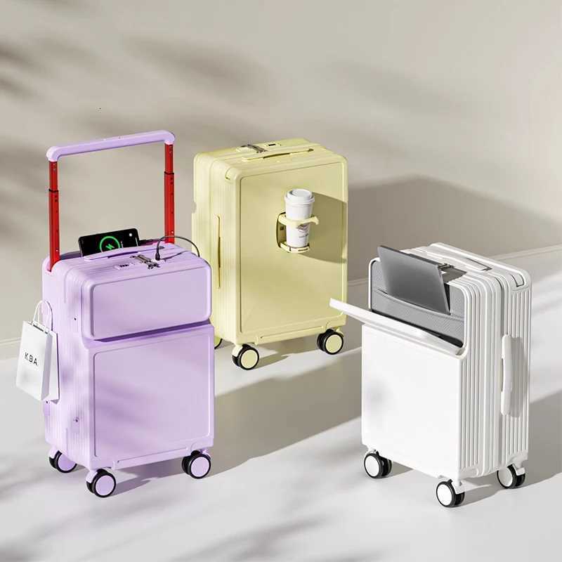Wide Trolley Suitcase Front Opening 20inch Cabin Luggage 28inch Multifunction USB Charging Port Silent Universal Wheel W251028-image-1082096966