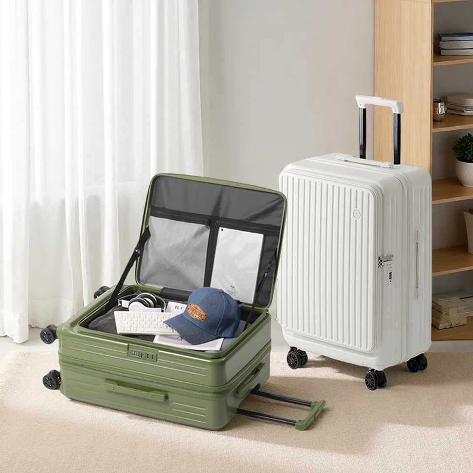 Large Capacity Expandable Suitcase MultiFunction Side Opening Luggage Boarding Case Cup Holder ShockAbsorbing Brake Wheels W251028-image-1082097765