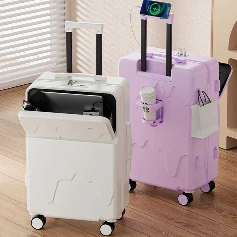 Multifunctional Front Opening Suitcase with Folding Cup Tray 20 inch Cabin Travel Suitcase on Wheels Sturdy Luggage Carrier W251028-image-1082097113