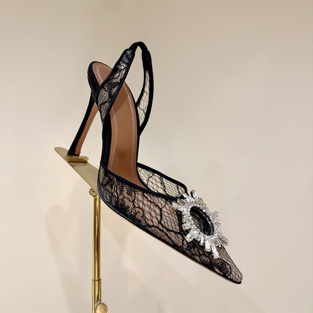 Escarpins en dentelle Talons Boucle ornée de cristaux Escarpins Chaussures Bobine Talons Sandales Robe de luxe pour femmes Soirée Slingback Sanda