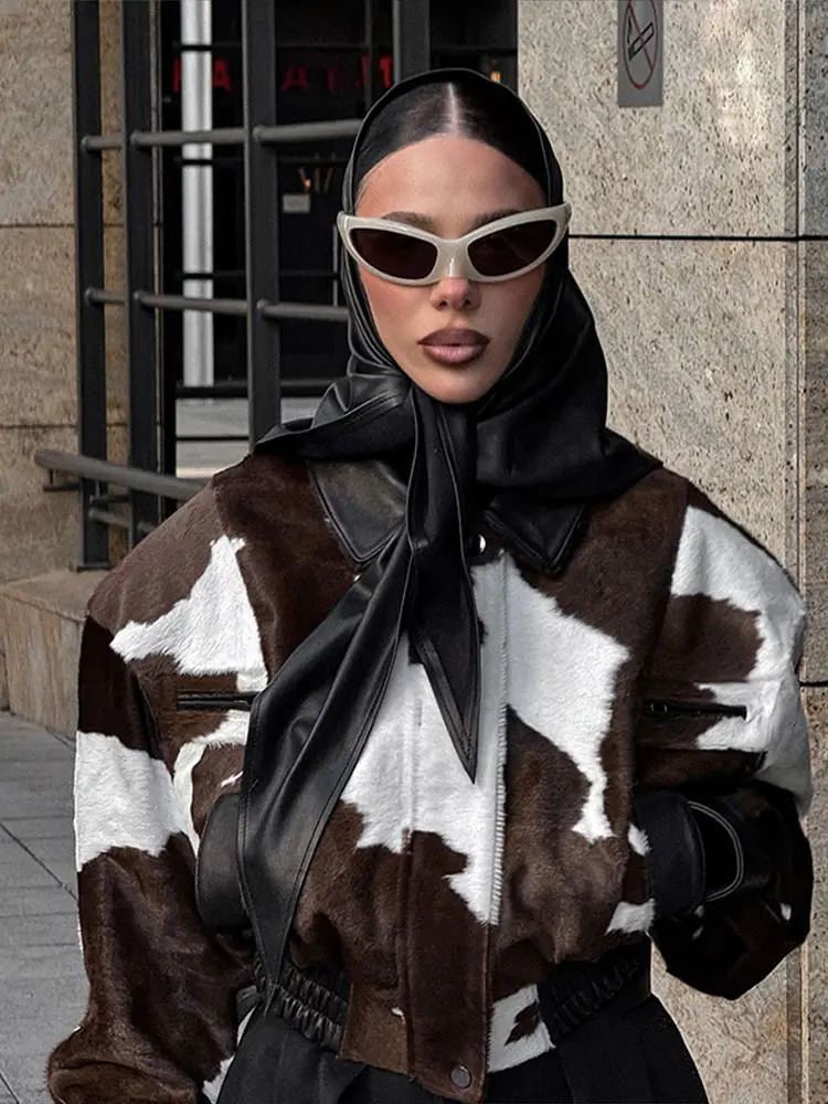 Fashion Womens Cow Print Jacket Lapel Collar Short Length Zipper Button Coats 2025 Autumn Winter Female Trendy Warm Outerwear 251028