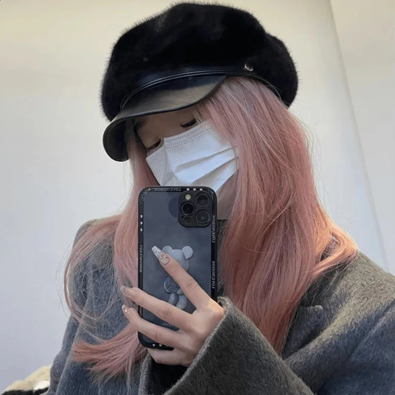 Korean Fur Hat With Octagonal Brim Splicing Mink Plush Beret Rabbit Fur Winter Warm Hat thermal