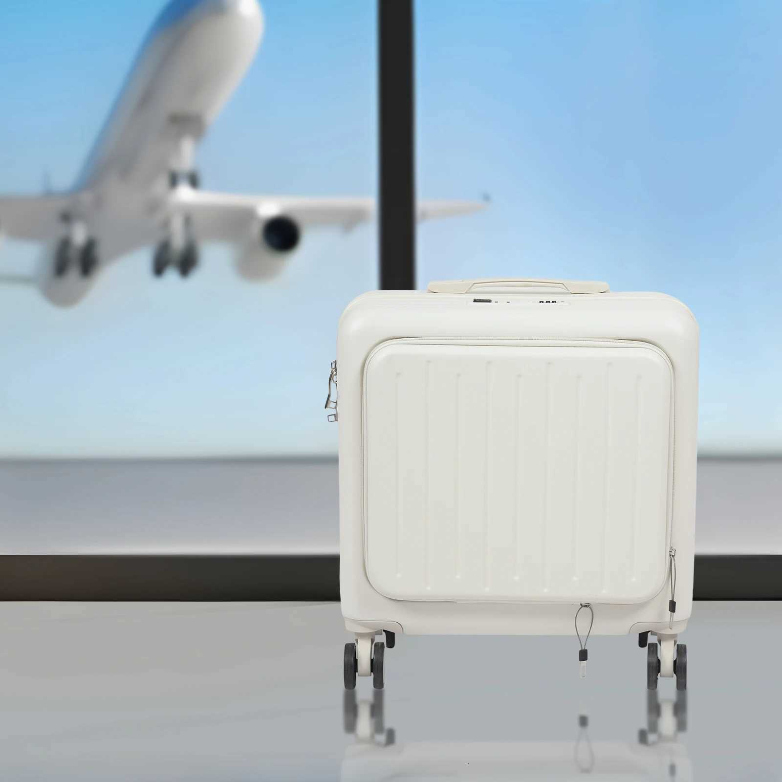 18inch Boarding Suitcase Lightweight Trolley Case with 1 USB Charging Port 1 Cup Holder Travel Password Box WhiteBlack W251028-image-1082098476