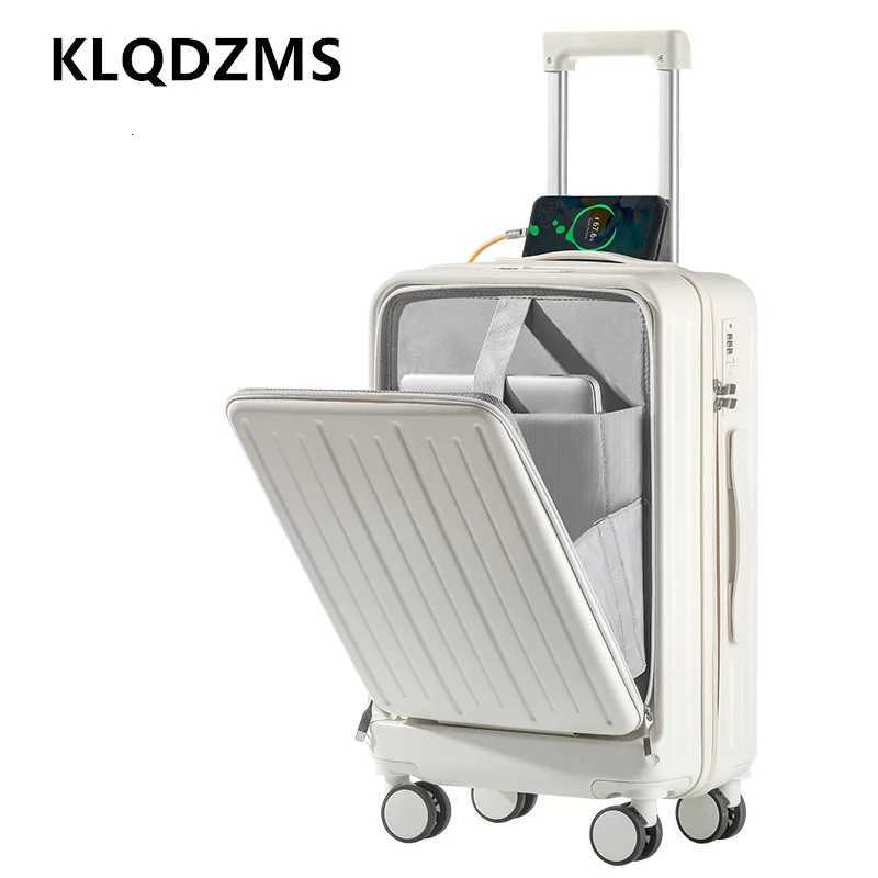 KLQDZMS USB Charging Suitcase 20 Inch Front Opening Boarding Case 222426 Laptop Trolley Case Womens Carry on Travel Luggage W251028-image-1082098566