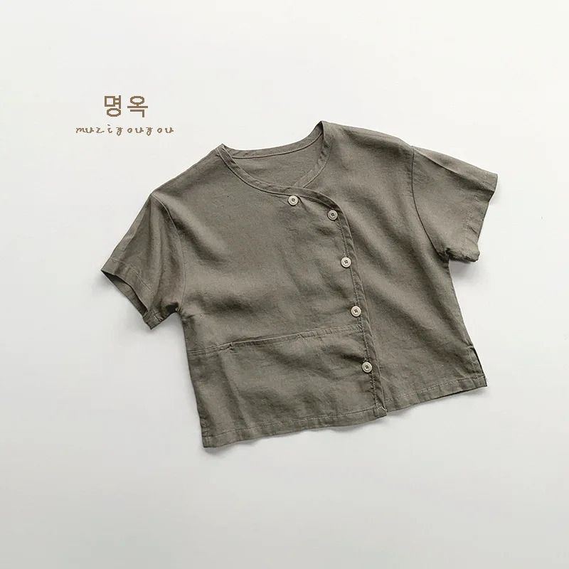 w607 Vintage Cotton Linen Gray Color Shirt For Kids Summer Casual Top For Boys And Girls, Loose Fit Solid Color Tee For Baby Girls-image-1082078433