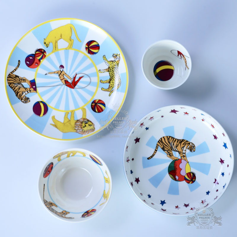 Circus Pattern Children's Bone China Tableware 4-piece Set Environmentally Friendly Ceramic Tableware Plates Bowls Cups-image-1082179144