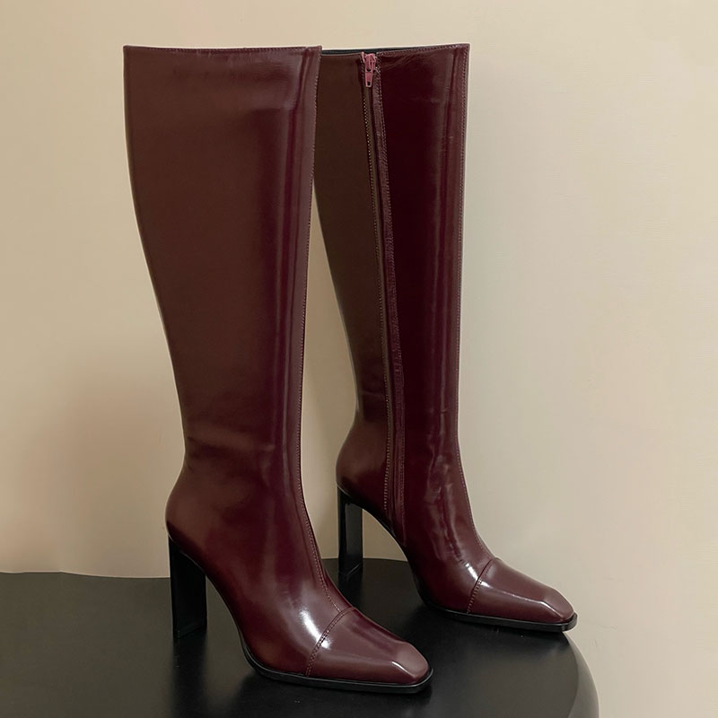 y boots smooth leather Designer Tube Boots With Pointed Toe Womens Oil Wax Cowhide boot Ladie Winter Coarse Heel Motorcycle Boot Leather Sole Sizes