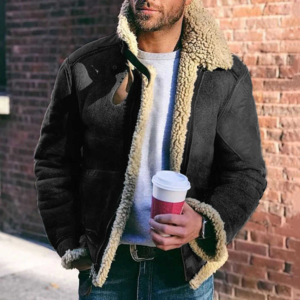 Spot-on wholesale faux leather fleece men's coat, European store, winter warm jacket with thickened front collar and contrasting colors