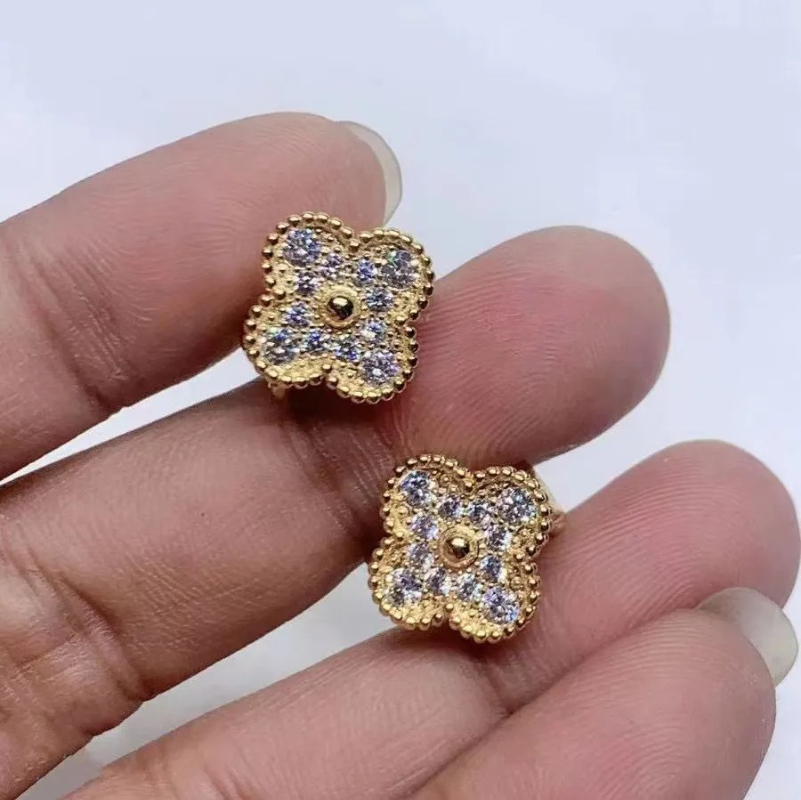 Boucles d'oreilles de créateur en forme de trèfle, en or 18 carats, avec diamants complets, pour femmes, Agate noire, calcédoine rouge, bijoux d'