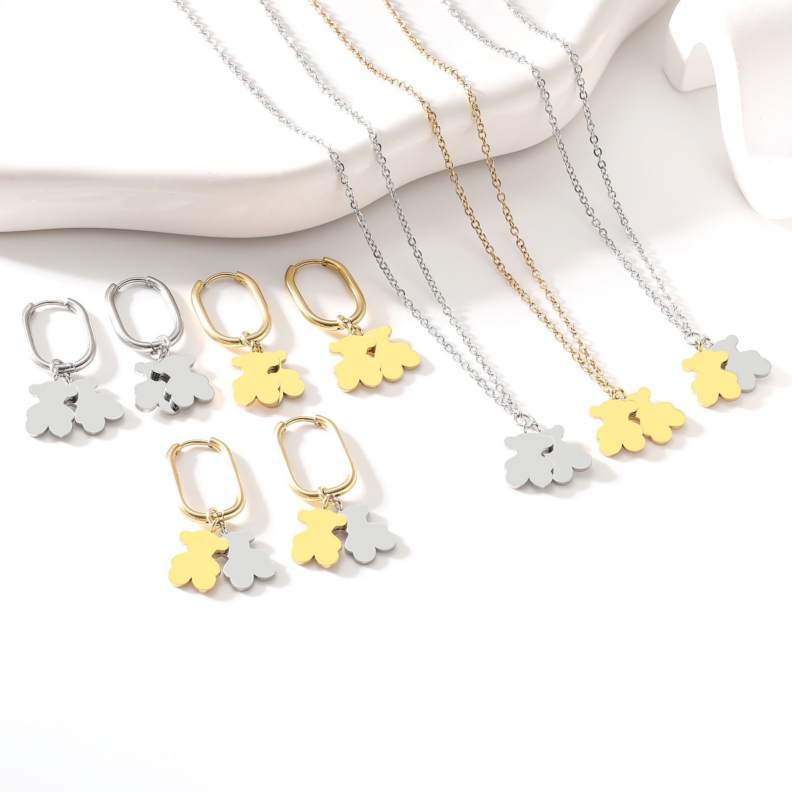 Fashion Women Girls Silver Gold Stainless Steel Circle Bear Cartoon Animal Chain Bracelet Pendant Hoop Earrings Jewelry-image-1082219655