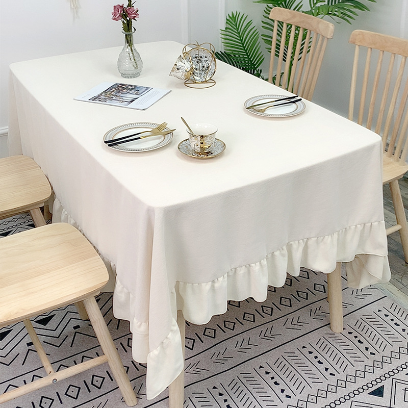 Plain tablecloth with ruffled hem, white tablecloth for round or rectangular dining tables, suitable for home use. KXJE01-image-1082197915